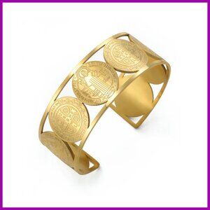 Adjustable St. Benedict Cuff Bracelet Stainless Steel Religious Jewelry